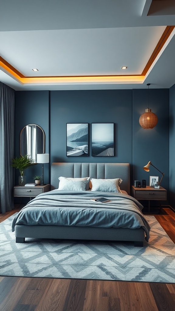 A beautifully decorated bedroom featuring a blue wall, gray bedding, and warm lighting.