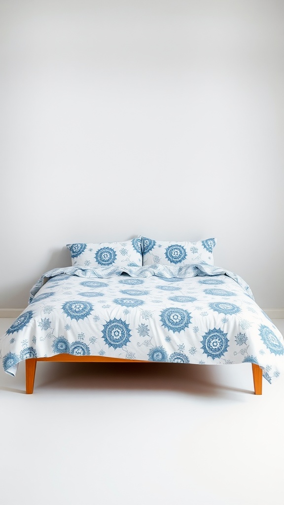 A bed with blue and white floral bedding in a bright room
