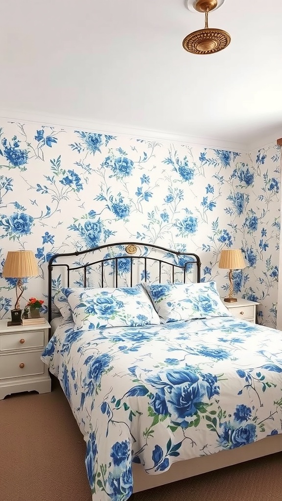 A cozy bedroom featuring blue floral patterns on the walls and bedding, with a black metal bed frame and warm lighting.