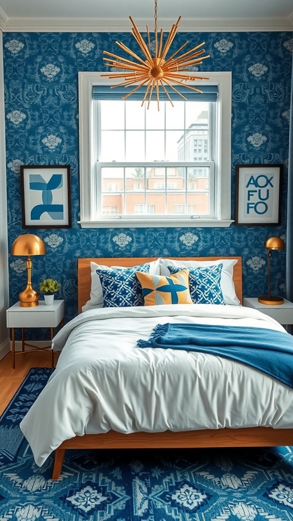 A stylish bedroom with blue geometric wallpaper, blue bedding, and gold accents.