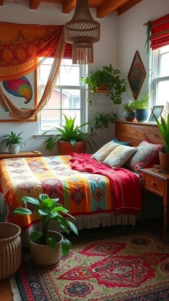 Bohemian eclectic bedroom featuring a colorful bedspread, plants, and woven decor.