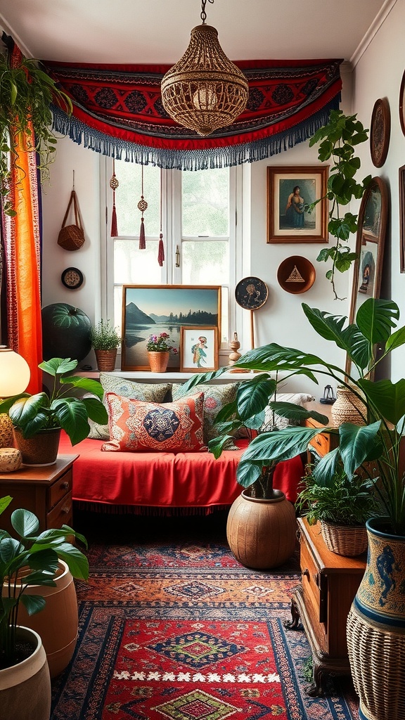 A cozy bohemian-inspired bedroom with vibrant textiles, plants, and warm lighting.