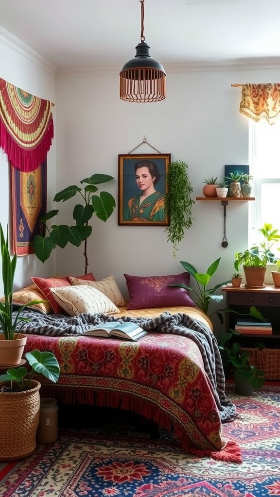 A cozy bohemian vintage bedroom featuring a bed with layered colorful blankets, plants, and vintage wall art.