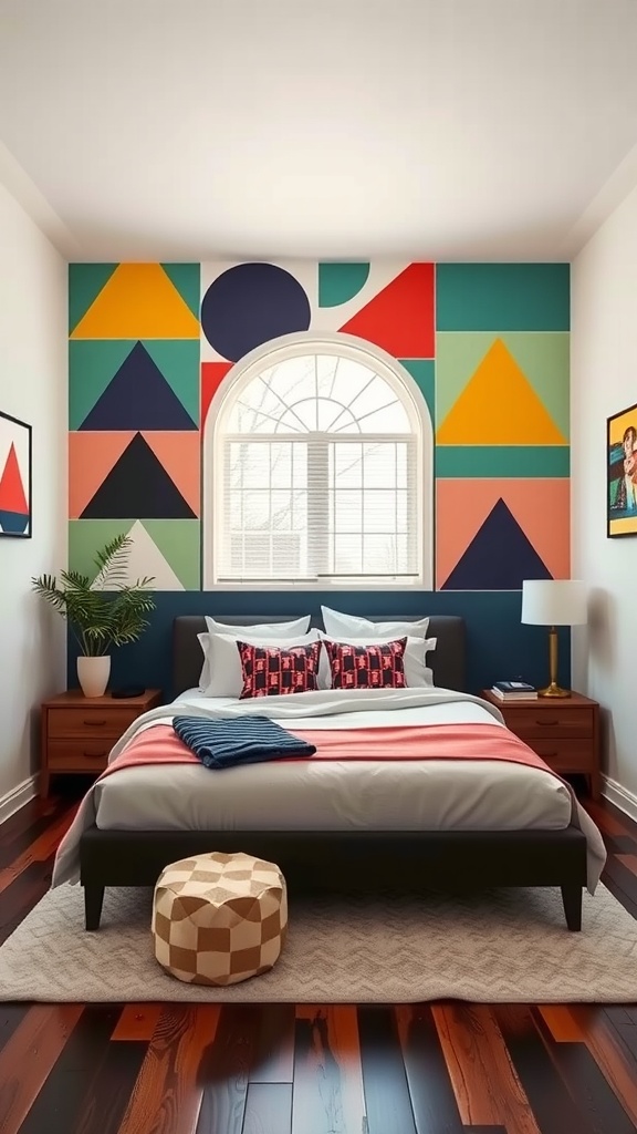 A colorful bedroom featuring a bold accent wall with geometric shapes and patterns.