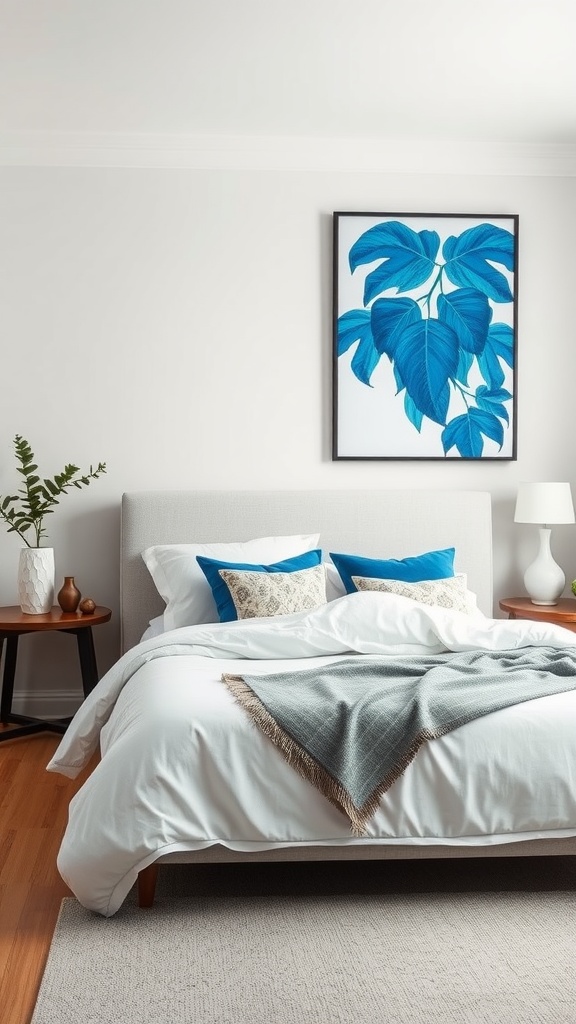A stylish bedroom featuring bold blue artwork of leaves, complemented by a neutral palette and cozy bedding.