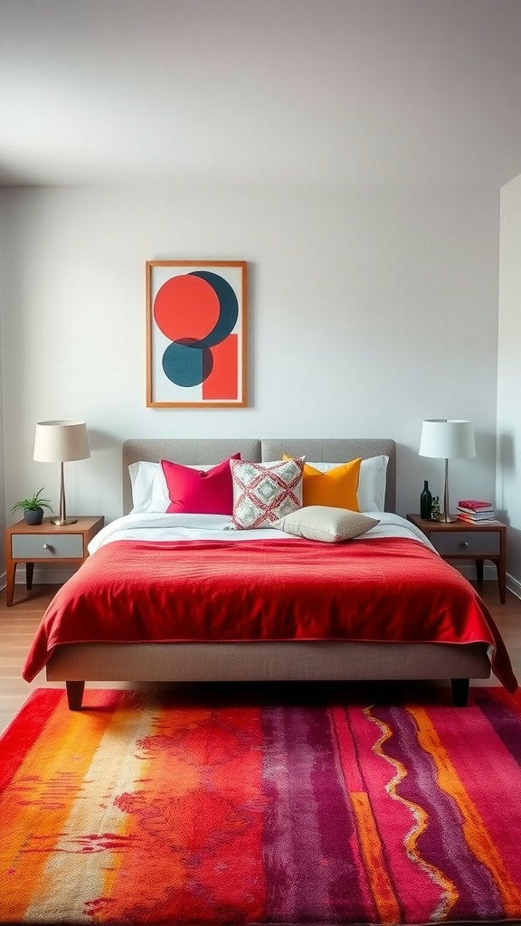 Modern bedroom with bold color accents including a red blanket, colorful pillows, and a vibrant rug.