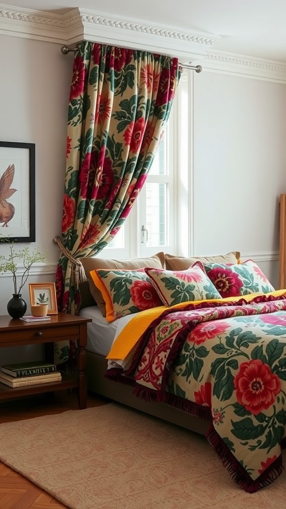 A cozy bedroom featuring bold floral-patterned bedding and curtains, complemented by a dark wood nightstand.