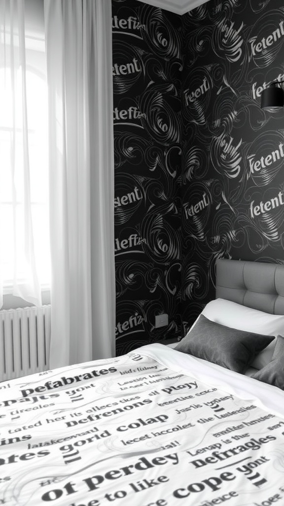 A stylish bedroom featuring bold black wallpaper with swirling patterns and text, complemented by white curtains and a modern bed.