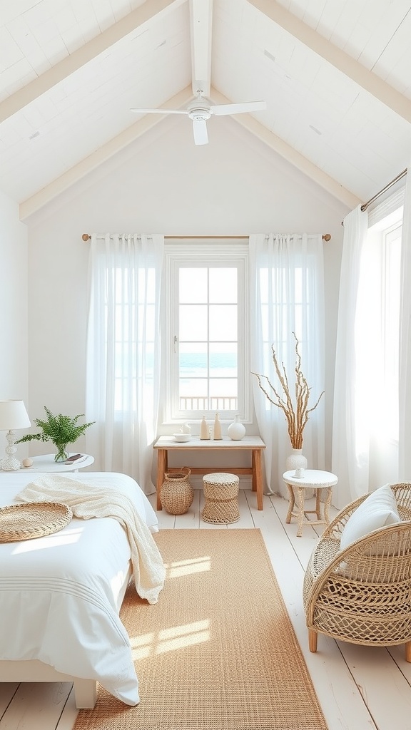 Bright and airy beach house bedroom with a large window, white walls, and natural decor.