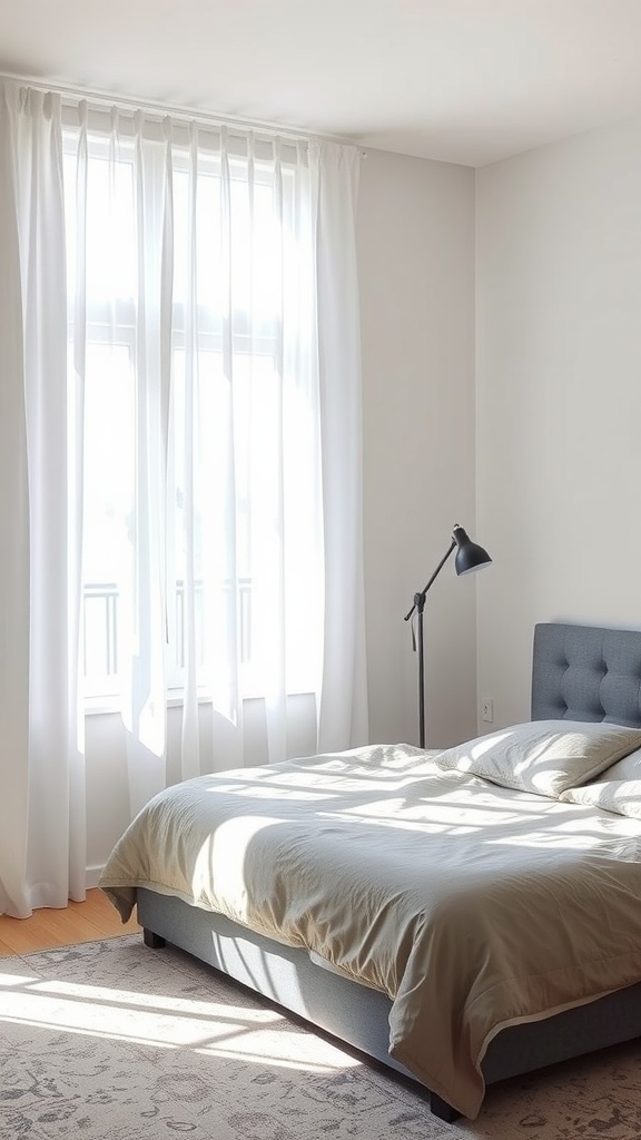 Bright bedroom featuring a grey bed, natural light, and sheer curtains