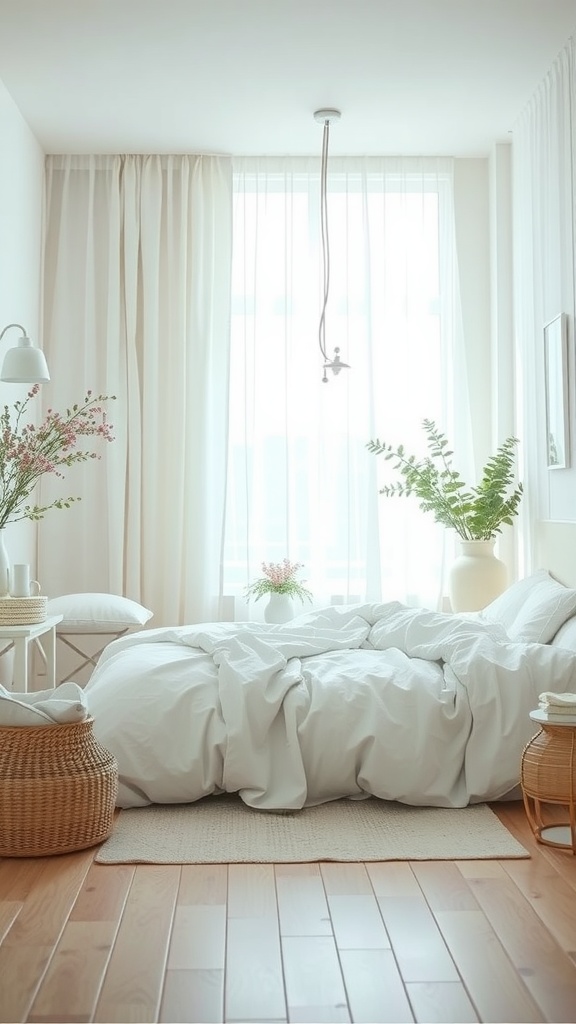 A bright and airy bedroom with a cozy bed, light curtains, and greenery.