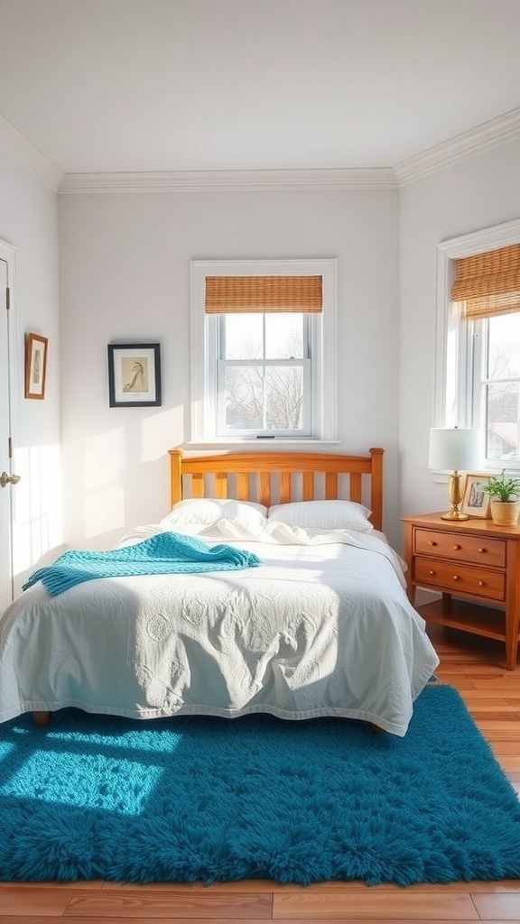 A bright blue rug in a cozy bedroom with a wooden bed and light decor.