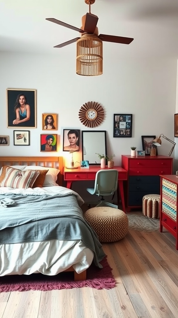 A cozy bohemian-inspired bedroom featuring a mix of colorful furniture and personal artwork.