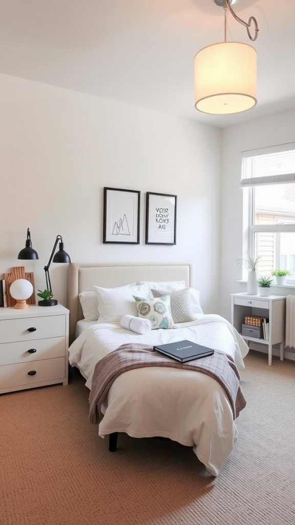 A cozy bedroom featuring a neatly made bed, artwork on the wall, and stylish lamps on the nightstand.