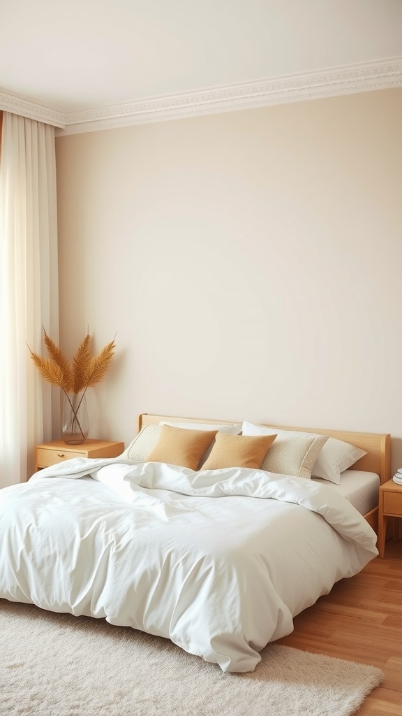 A calming bedroom with beige walls, light curtains, and a cozy bed with neutral-colored pillows.