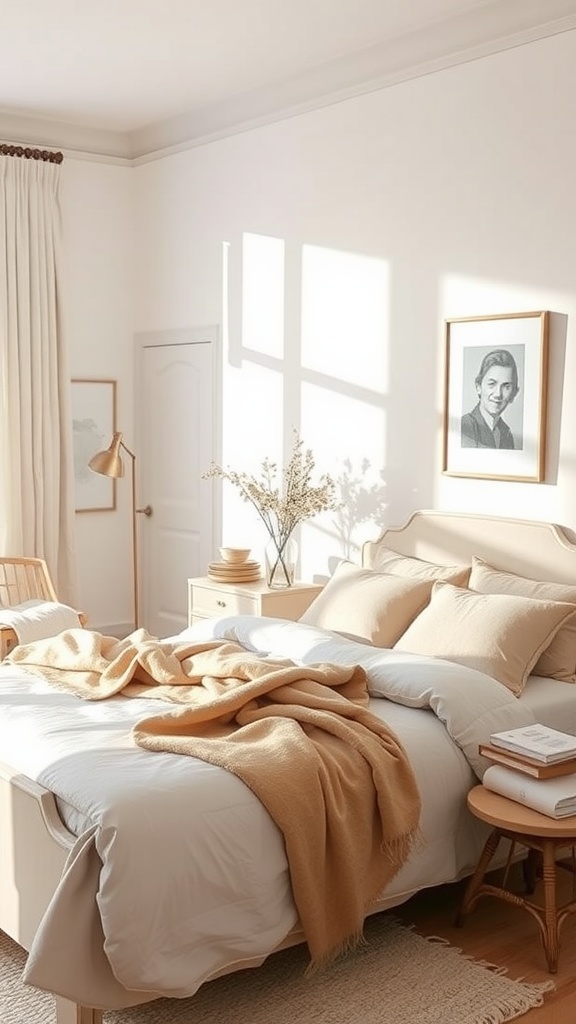 A cozy bedroom with a calming neutral palette, featuring soft beige bedding, natural light, and minimalistic decor.