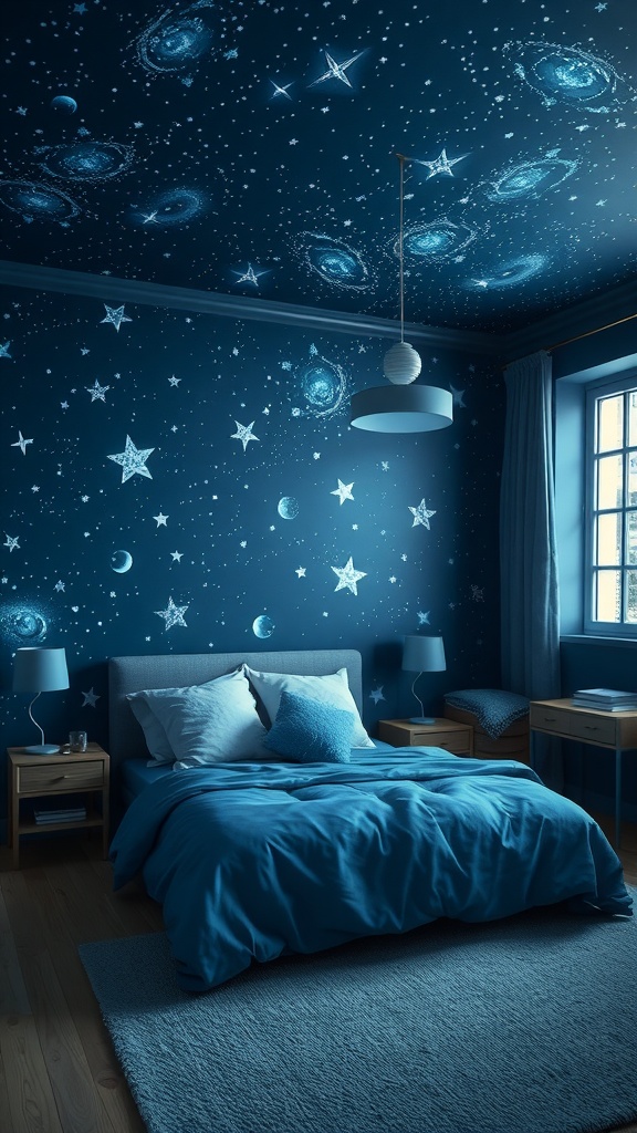 A bedroom featuring a celestial night sky theme with blue walls and star patterns.