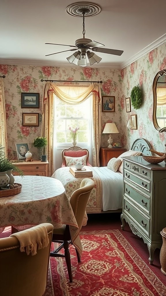 A cozy vintage bedroom featuring floral wallpaper, a green dresser, and warm lighting.