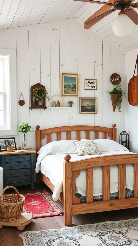 A cozy vintage-style bedroom with a wooden bed, framed pictures, and charming decor.