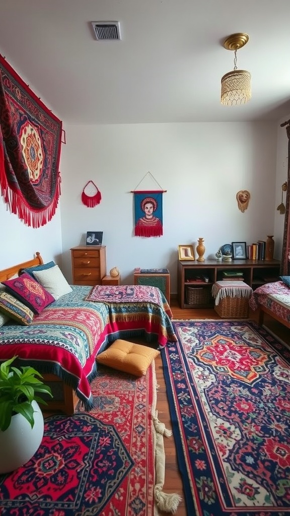 A cozy, chic bohemian bedroom with colorful rugs, layered bedding, and decorative wall art.