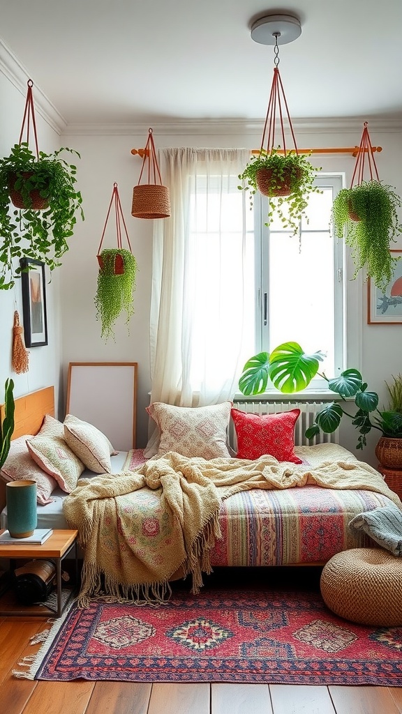 A modern bohemian bedroom with hanging plants, colorful bedding, and a vintage-style rug.
