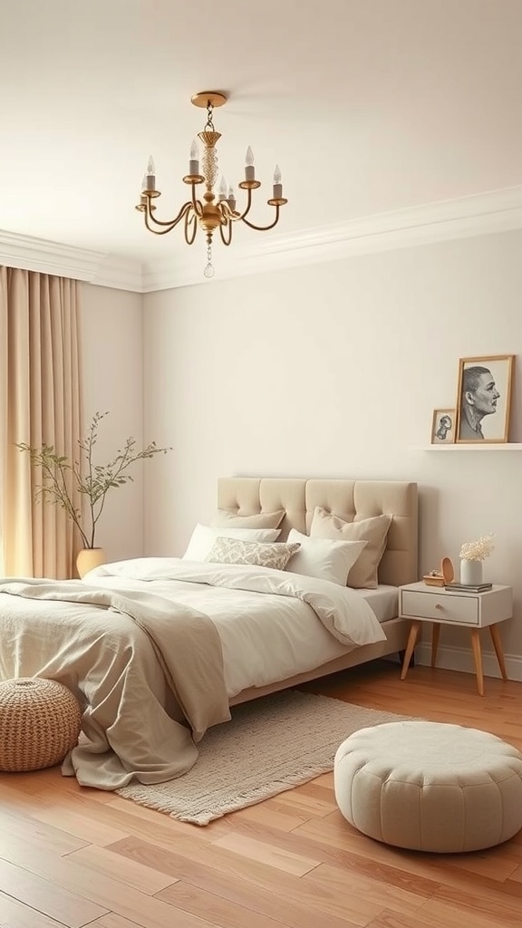 A cozy bedroom featuring a beige monochromatic color scheme with an upholstered headboard, layered bedding, a chandelier, and minimal decor.