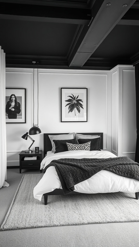 A stylish monochrome bedroom featuring a black ceiling, white walls, and modern furnishings.