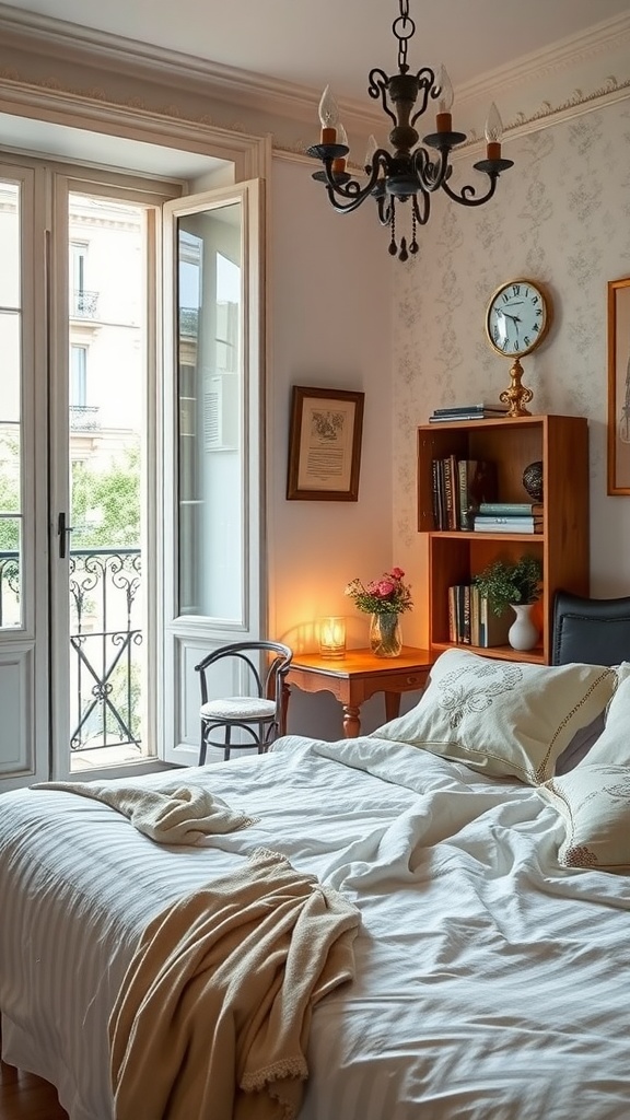 Chic vintage bedroom with a chandelier, floral decor, and a cozy atmosphere
