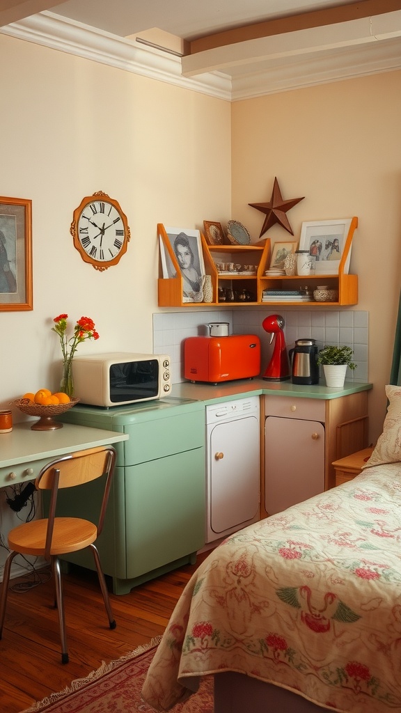 A vintage-style kitchenette bedroom featuring pastel cabinetry, retro appliances, and cozy decor.