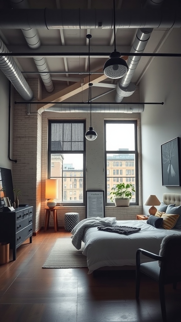 A stylish urban loft bedroom featuring industrial design elements, natural light, and cozy textiles.