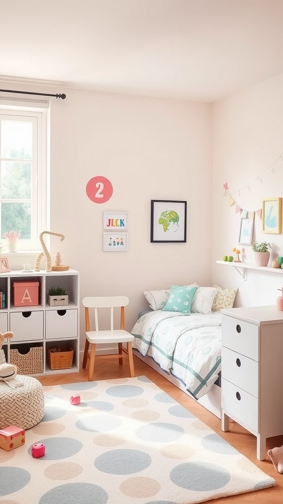 A child-friendly bedroom featuring a cozy bed, playful decor, and organized storage solutions.