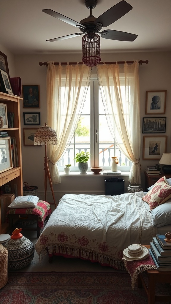 A cozy vintage-inspired bedroom with soft curtains, a neatly made bed, and eclectic decor.