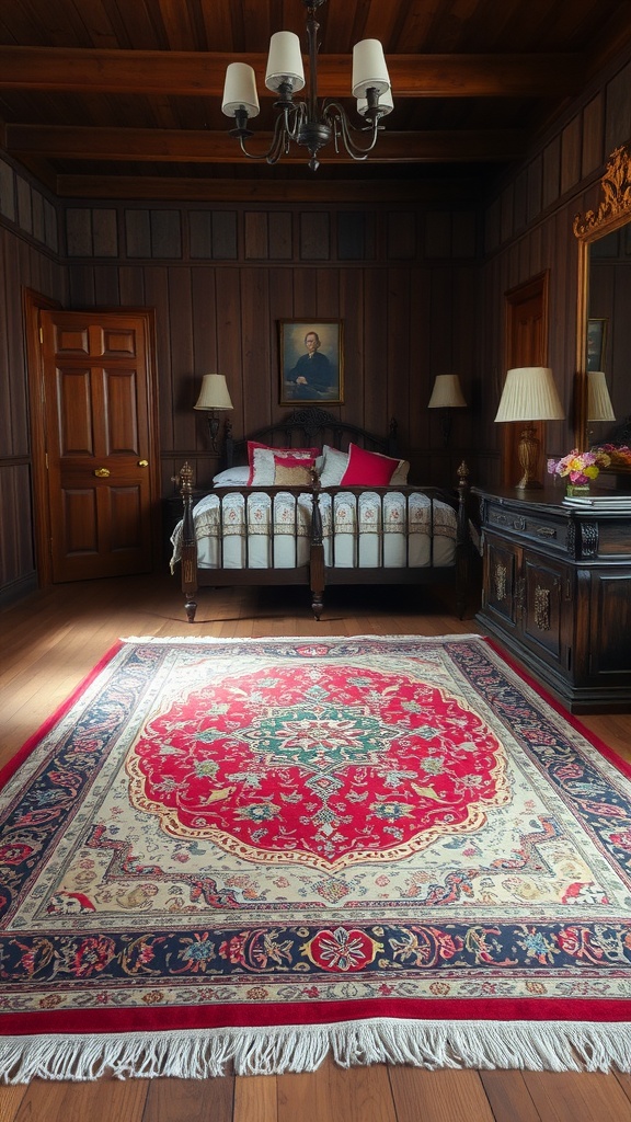 A beautifully decorated bedroom featuring a classic Persian rug, wooden walls, and elegant lighting.