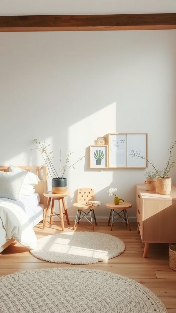 A bright, minimalistic bedroom featuring light wood furniture, soft textiles, and decorative plants.