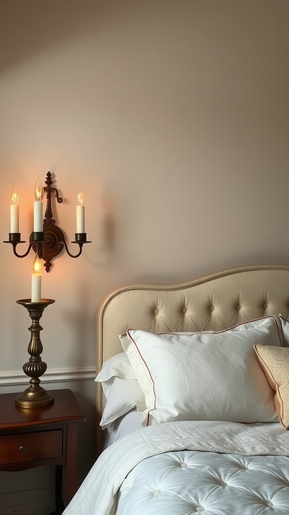 An antique-style bedroom featuring a classic wall sconce and a candle holder beside a bed.