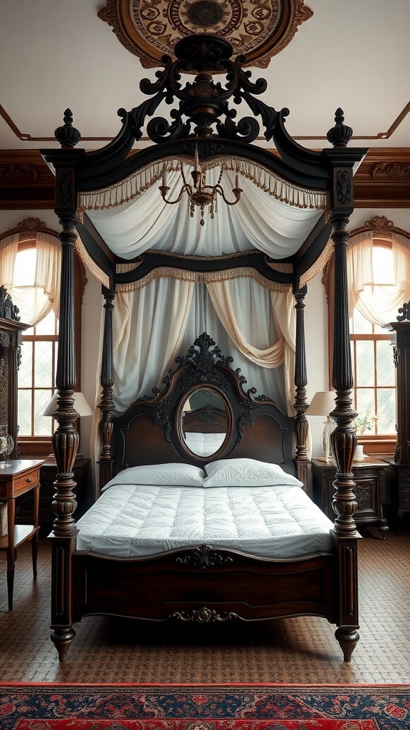 A Victorian-style bedroom featuring a dark wooden four-poster bed with intricate carvings and elegant drapery.