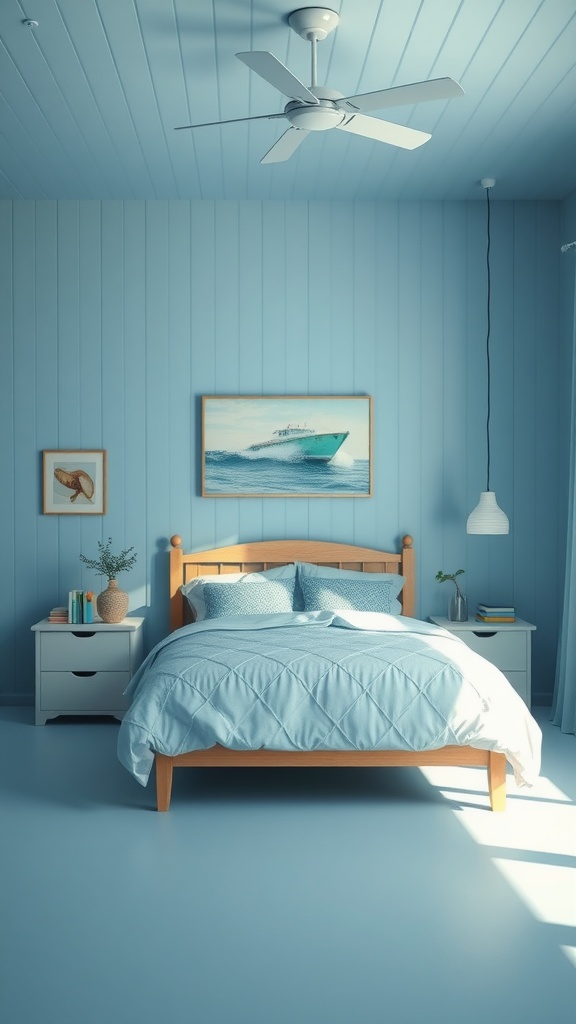 A serene bedroom with light blue walls, wooden furniture, and matching bedding, reflecting a coastal theme.