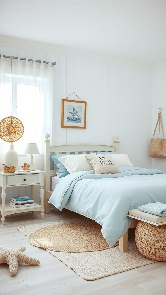 A bright and airy coastal-themed bedroom with a light blue bedspread, natural decor, and soft sunlight filtering through the curtains.