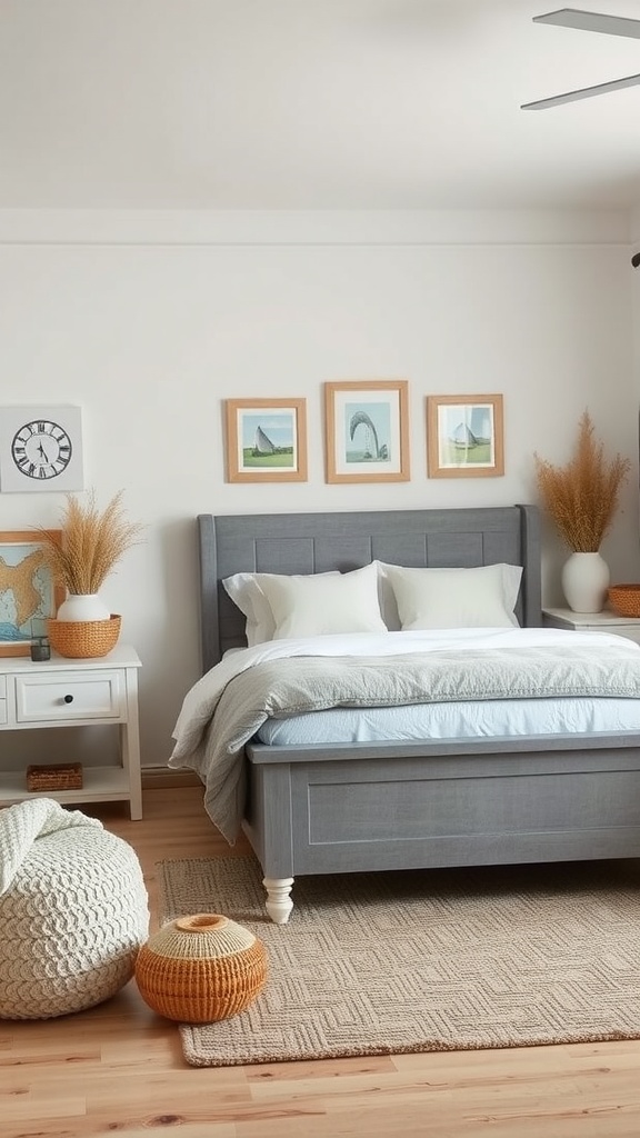 A cozy bedroom featuring a grey bed, white bedding, and coastal-inspired decor.