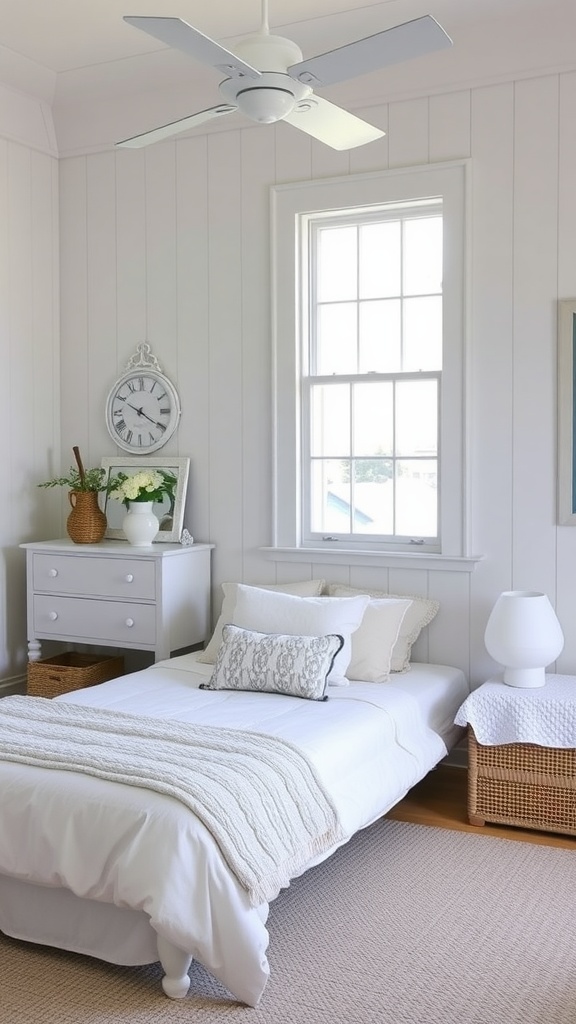 A bright and airy coastal vintage bedroom featuring a white bed with light linens, a wall-mounted clock, and natural wood accents.
