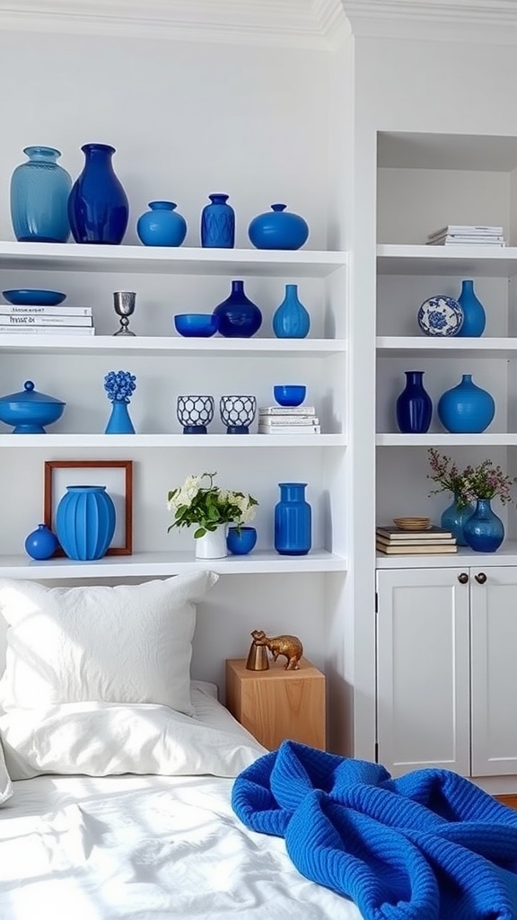 A bedroom with cobalt blue decorative items on white shelves, creating a vibrant focal point.