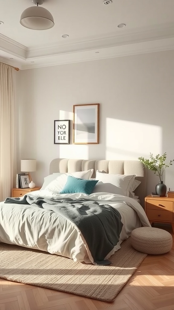 A beautifully styled neutral bedroom featuring a cozy bed with soft linens, a simple nightstand, and natural light.