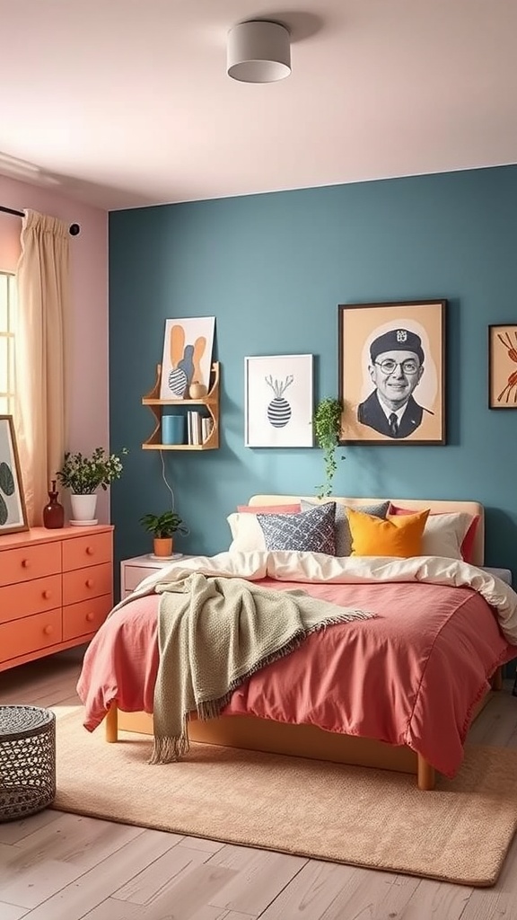 A stylish bedroom featuring color blocking with IKEA furniture, showcasing a teal wall and coral bedding.