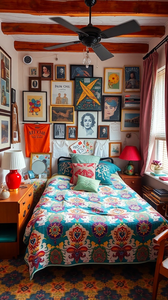 A colorful and eclectic bedroom featuring a vibrant quilt, assorted artwork on the walls, and cozy lighting.