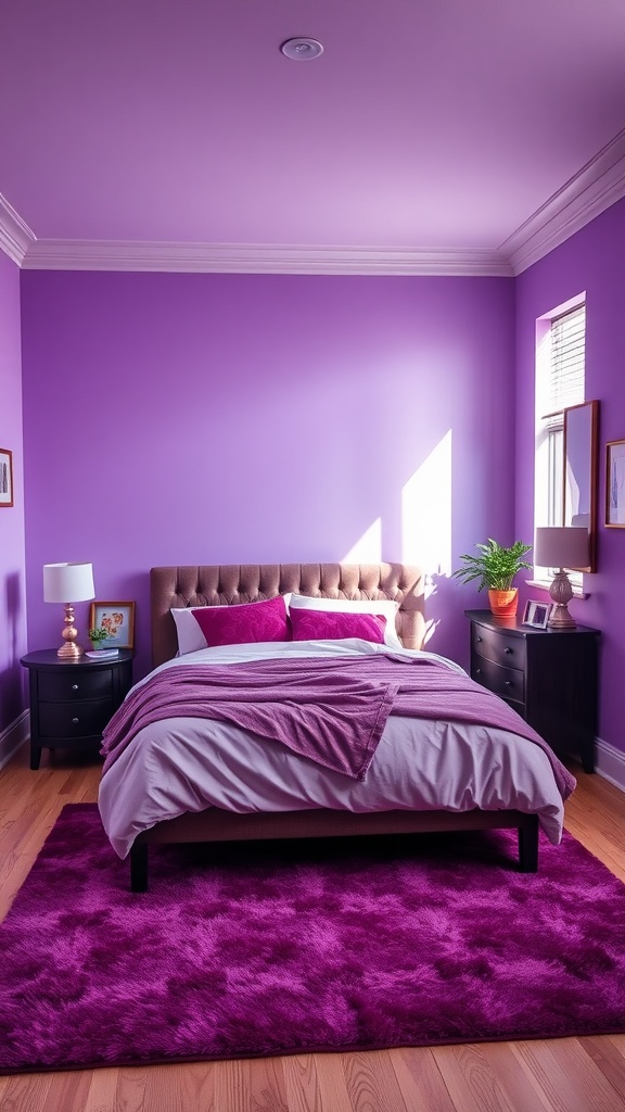 A modern bedroom featuring a blend of bold and light purple shades with a cozy bed and decorative elements.
