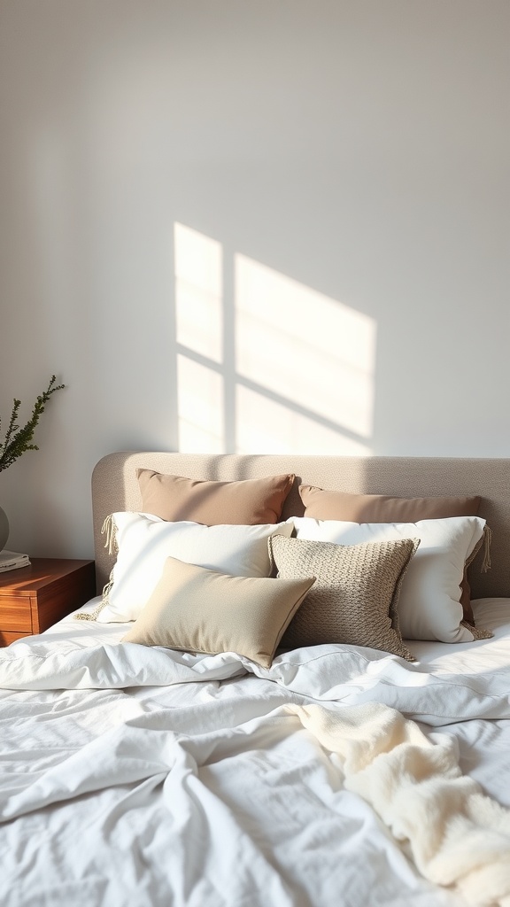 A cozy modern bedroom featuring layered bedding with various decorative pillows and a soft throw.