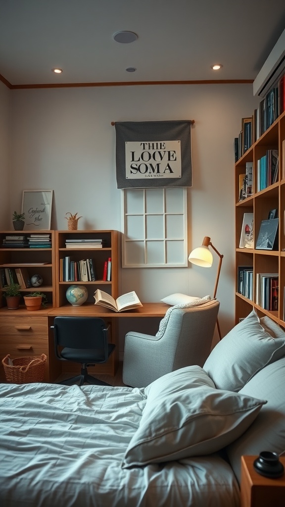 A cozy bedroom reading nook with a comfortable chair, desk, bookshelves, and warm lighting.