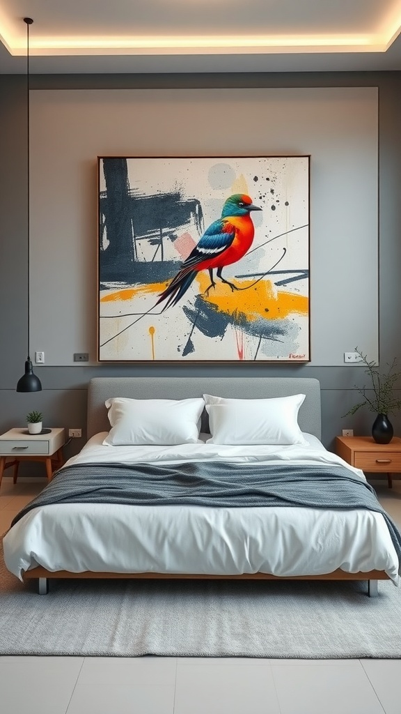 A modern bedroom featuring a bed with white linens and a colorful contemporary art piece of a bird on the wall.