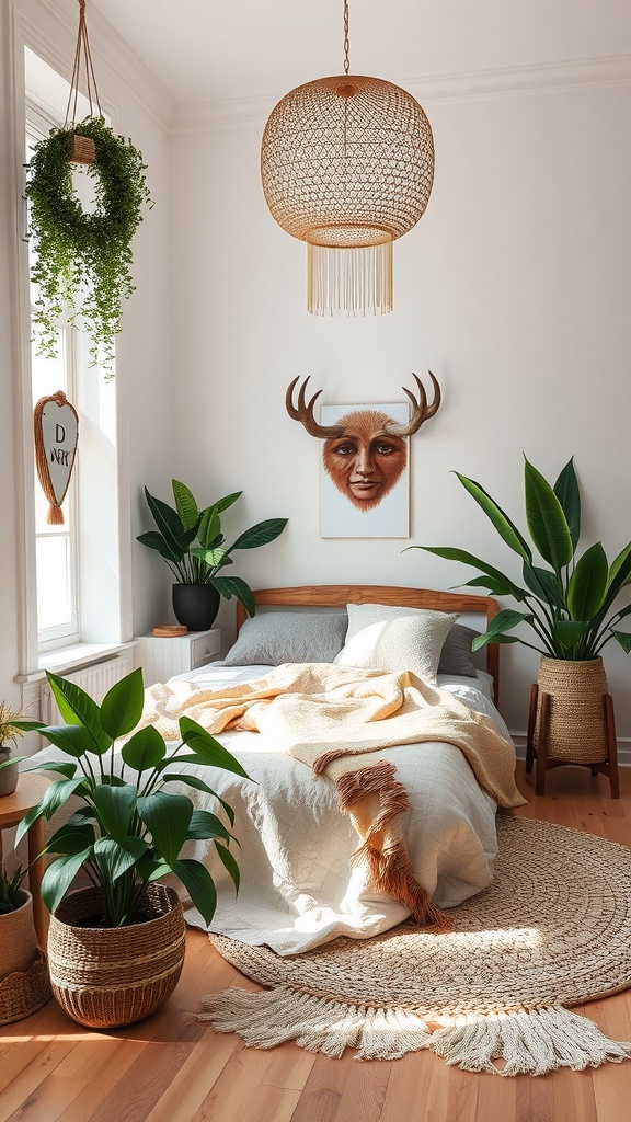 A cozy neutral bedroom with plants, a pendant light, and bohemian decor.