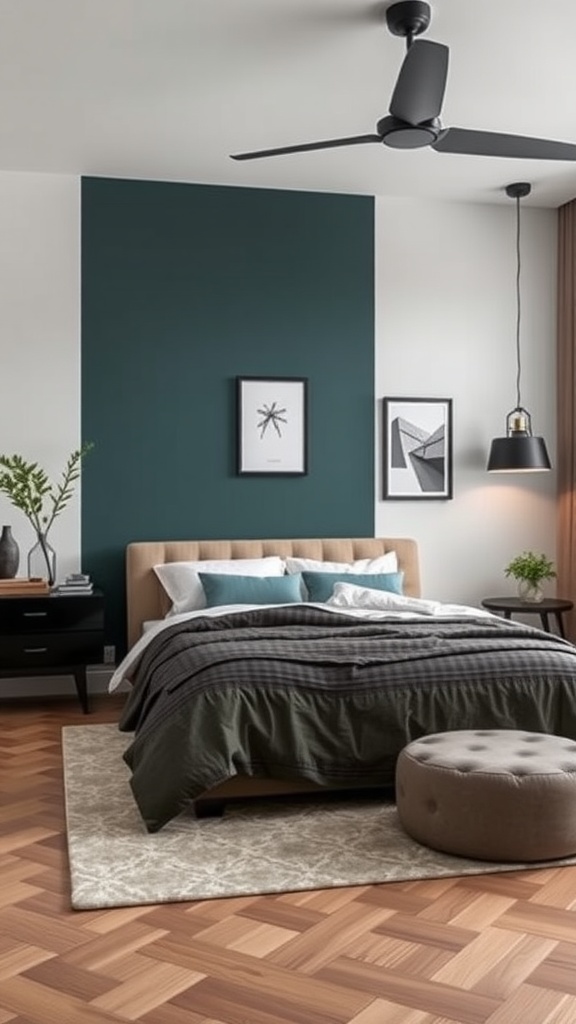 A stylish bedroom featuring contemporary color blocking with a dark green accent wall, modern bedding, and a cozy atmosphere.